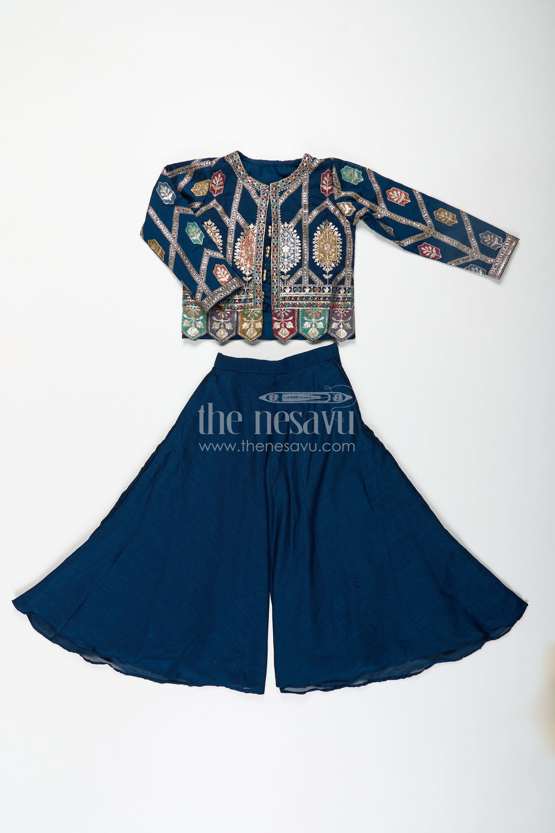 The Nesavu Girls Sharara / Plazo Set Stylish Party Wear for Girls in Blue Georgette Palazzo Set with Heavily Embroidered Jacket and Crop Top Nesavu Nesavu Stylish Party Wear for Girls in Blue Georgette Palazzo Set with Embroidered Long Jacket and Top