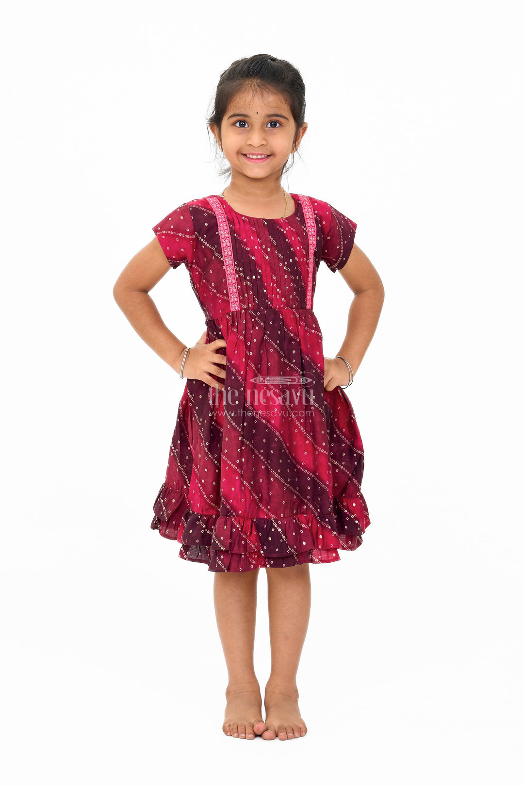 The Nesavu Girls Cotton Frock Stylish Pink Cotton Girls Frock with Bandhani Print and Layered Ruffle Hem Nesavu 16 (1Y) / Pink GFC1596B-16 Nesavu Stylish Pink Cotton Girls Frock Bandhani Print Layered Ruffle Hem