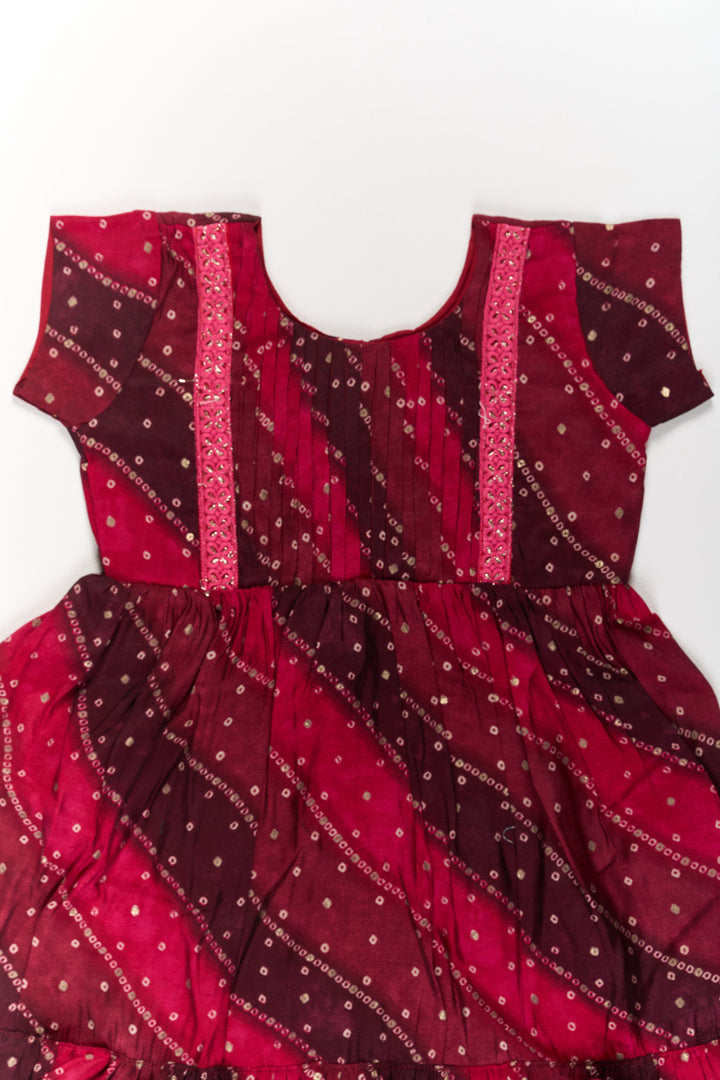 The Nesavu Girls Cotton Frock Stylish Pink Cotton Girls Frock with Bandhani Print and Layered Ruffle Hem Nesavu Nesavu Stylish Pink Cotton Girls Frock Bandhani Print Layered Ruffle Hem