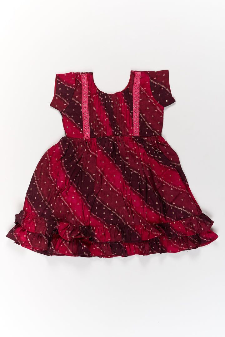 The Nesavu Girls Cotton Frock Stylish Pink Cotton Girls Frock with Bandhani Print and Layered Ruffle Hem Nesavu Nesavu Stylish Pink Cotton Girls Frock Bandhani Print Layered Ruffle Hem