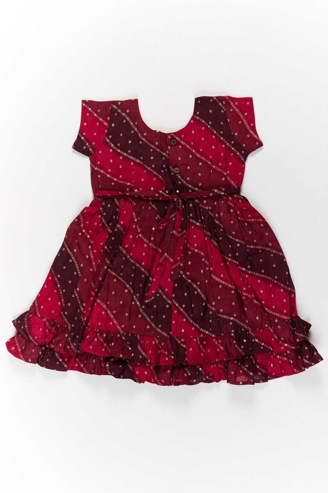 The Nesavu Girls Cotton Frock Stylish Pink Cotton Girls Frock with Bandhani Print and Layered Ruffle Hem Nesavu Nesavu Stylish Pink Cotton Girls Frock Bandhani Print Layered Ruffle Hem