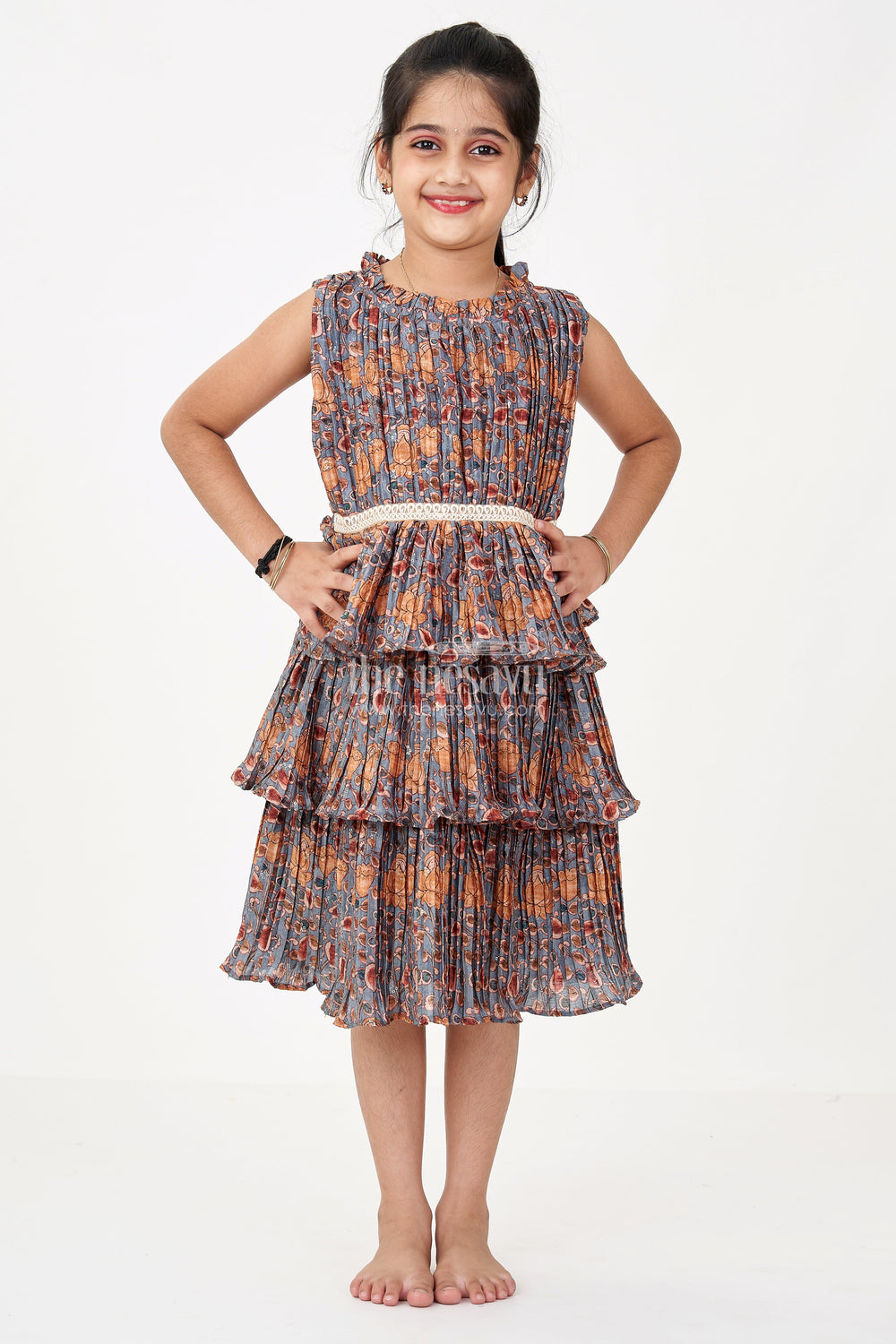 The Nesavu Girls Fancy Frock Stylish Prince Frock for Girls with Chinon Pleated Silk and Elegant Tiered Ruffles Nesavu Nesavu Stylish Prince Frock Girls Chinon Pleated Silk Elegant Tiered Ruffles