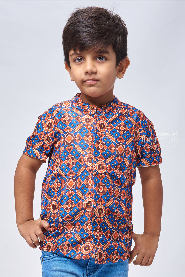 The Nesavu Boys Silk Shirt Stylish Royal Blue Silk Shirt for Boys with Ajrakh Print Nesavu 14 (6M) / Blue / Silk Blend BS084A-14 Ajrakh Printed Silk Shirt for Boys | Shirts for a Fashionable Edge | The Nesavu