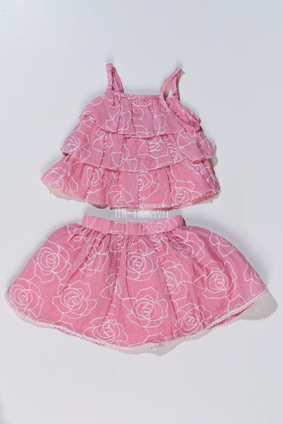 The Nesavu Baby Fancy Frock Stylish Smart Casual Clothes for Girls with Floral Embroidery and Ruffled Top Nesavu Nesavu Stylish Smart Casual Clothes Girls Floral Embroidery Ruffled Top