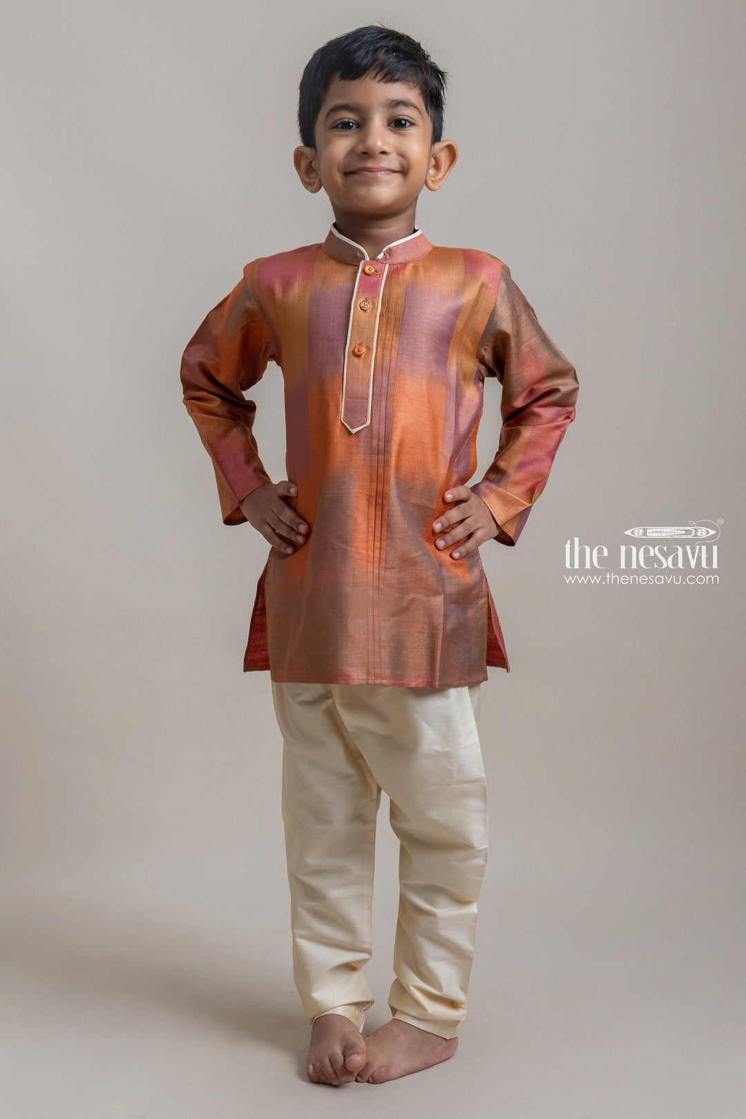 The Nesavu Boys Kurtha Set Stylish Tie N Dye Ethnic Kurta With Beige Pant For Boys Nesavu 12 (3M) / Brown / Silk Blend BES301B-12 Modern Boys Ethnic Wear | Premium Kurta Set For Boys | The Nesavu
