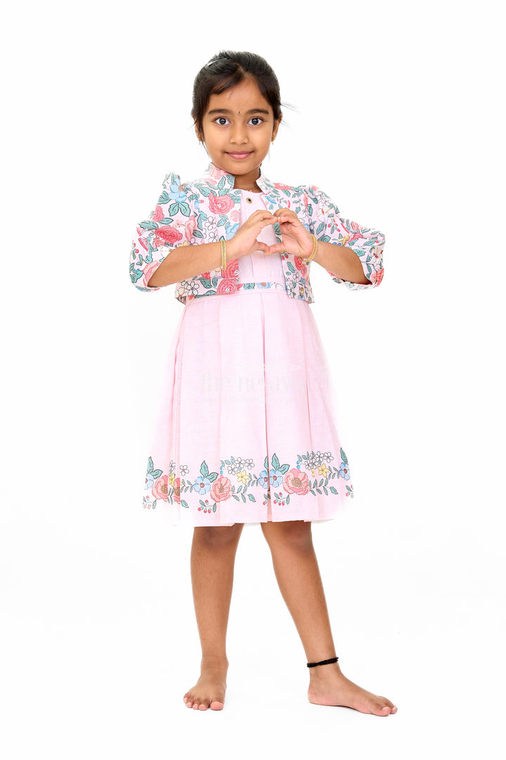 The Nesavu Girls Fancy Frock Stylish Two-Piece Girls Dress and Jacket with Floral Embroidery Nesavu Nesavu Stylish Two-Piece Dress Floral Embroidered Jacket Girls