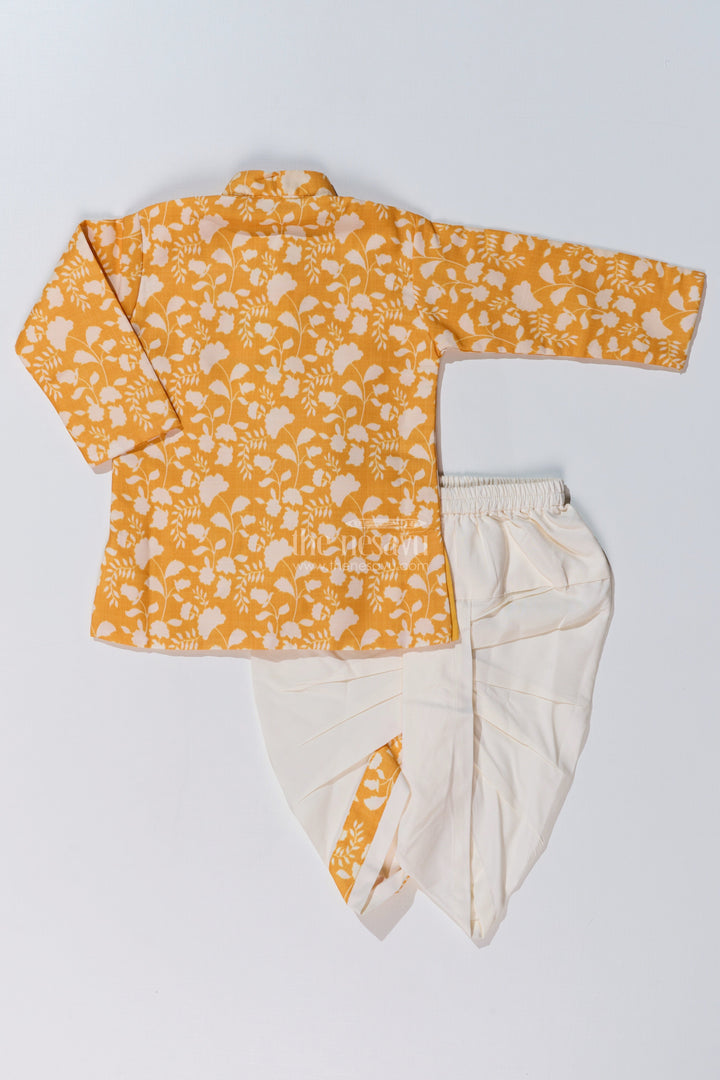 The Nesavu Boys Dothi Set Stylish Yellow Dhoti Kurta for Boys in Cotton Printed Fabric with Traditional Design Nesavu Nesavu Yellow Dhoti Kurta Boys Cotton Printed Fabric Traditional Design