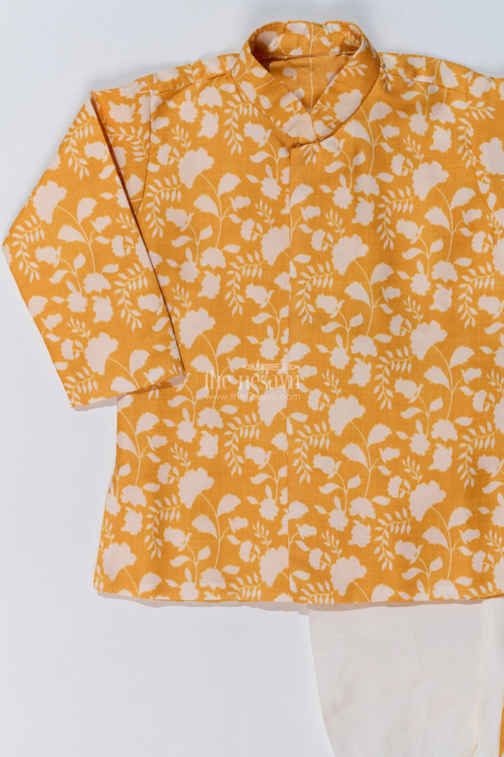 The Nesavu Boys Dothi Set Stylish Yellow Dhoti Kurta for Boys in Cotton Printed Fabric with Traditional Design Nesavu Nesavu Yellow Dhoti Kurta Boys Cotton Printed Fabric Traditional Design