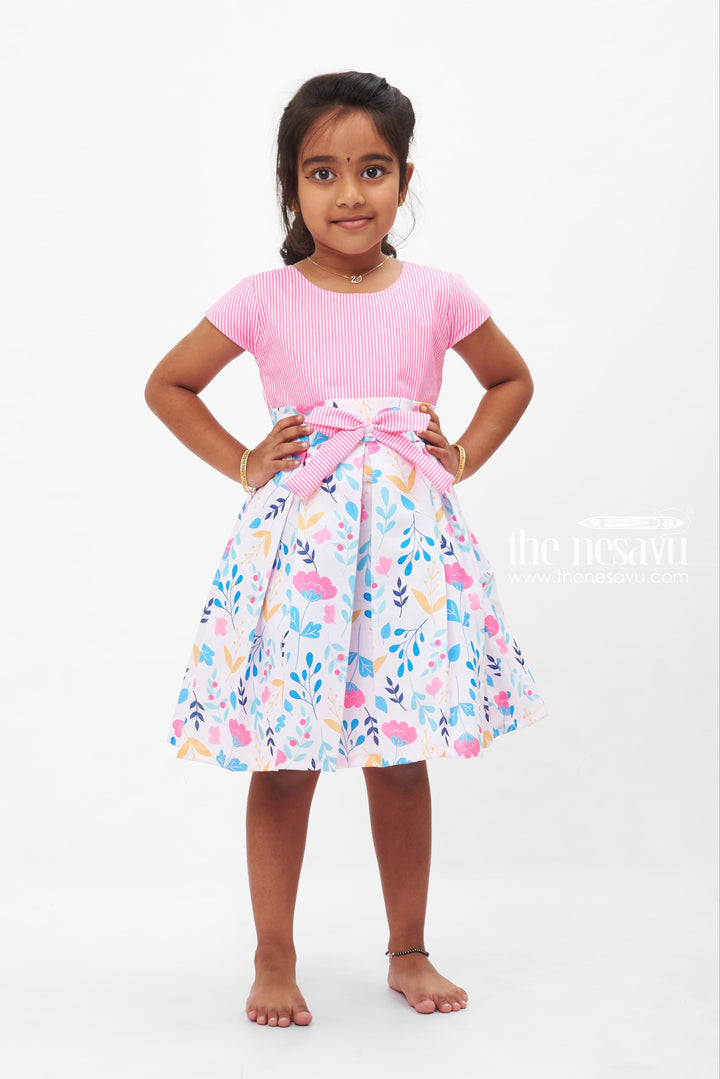 The Nesavu Girls Fancy Frock Summer Breeze Floral Cotton Frock: Pastel Blossom Print with Striped Accents for Girls Nesavu 22 (4Y) / Pink GFC1219A-22 Girls' Pastel Floral Cotton Dress | Striped and Floral Frock | The Nesavu