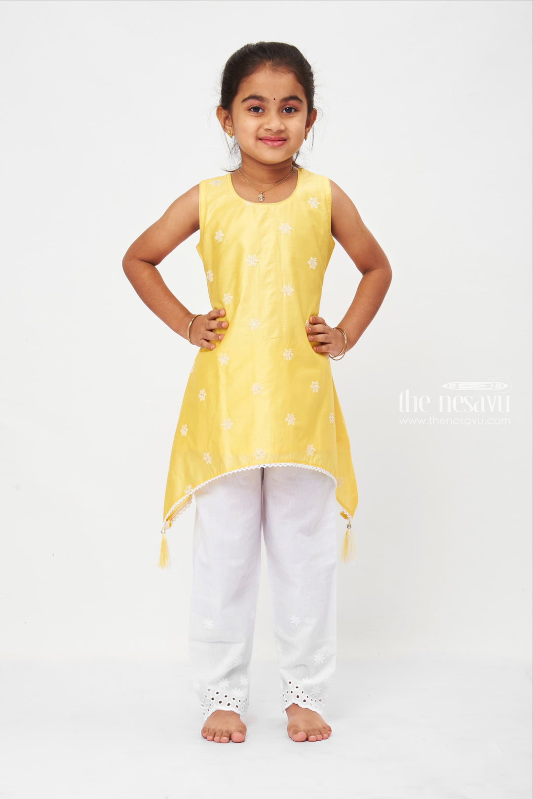 The Nesavu Girls Sharara / Plazo Set Summer Breeze Yellow Tunic with White Embroidered Pant Set Nesavu 18 (2Y) / Yellow / Chanderi GPS243A-18 Designer Palazzo Set for Girls | Festive Crop Top Outfit | The Nesavu