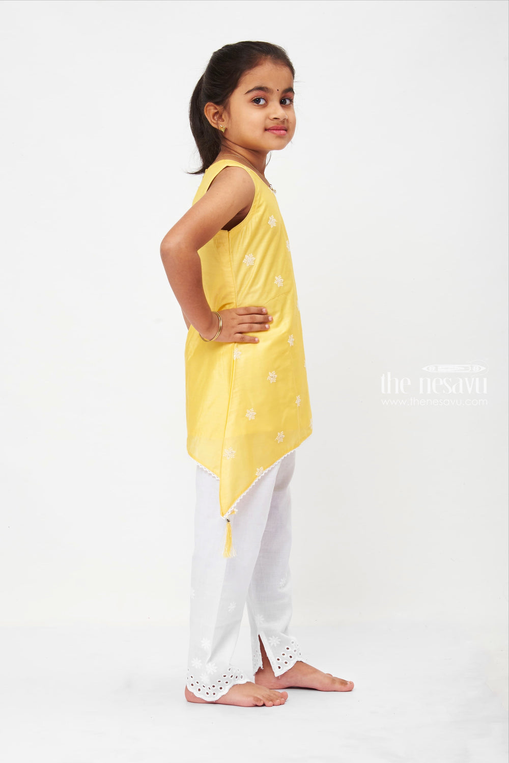 The Nesavu Girls Sharara / Plazo Set Summer Breeze Yellow Tunic with White Embroidered Pant Set Nesavu Designer Palazzo Set for Girls | Festive Crop Top Outfit | The Nesavu