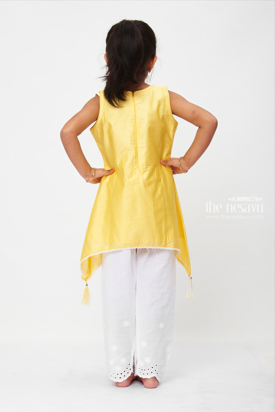 The Nesavu Girls Sharara / Plazo Set Summer Breeze Yellow Tunic with White Embroidered Pant Set Nesavu Designer Palazzo Set for Girls | Festive Crop Top Outfit | The Nesavu