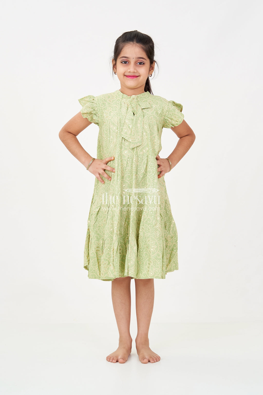 The Nesavu Girls Cotton Frock Summer Frock for Baby Girl in Rayon with Green Bandhani Print and Gold Foil Accents Nesavu 18 (2Y) / Green GFC1698A-18 Nesavu Summer Frock Baby Girl Green Bandhani Printed Rayon Foil Detailing
