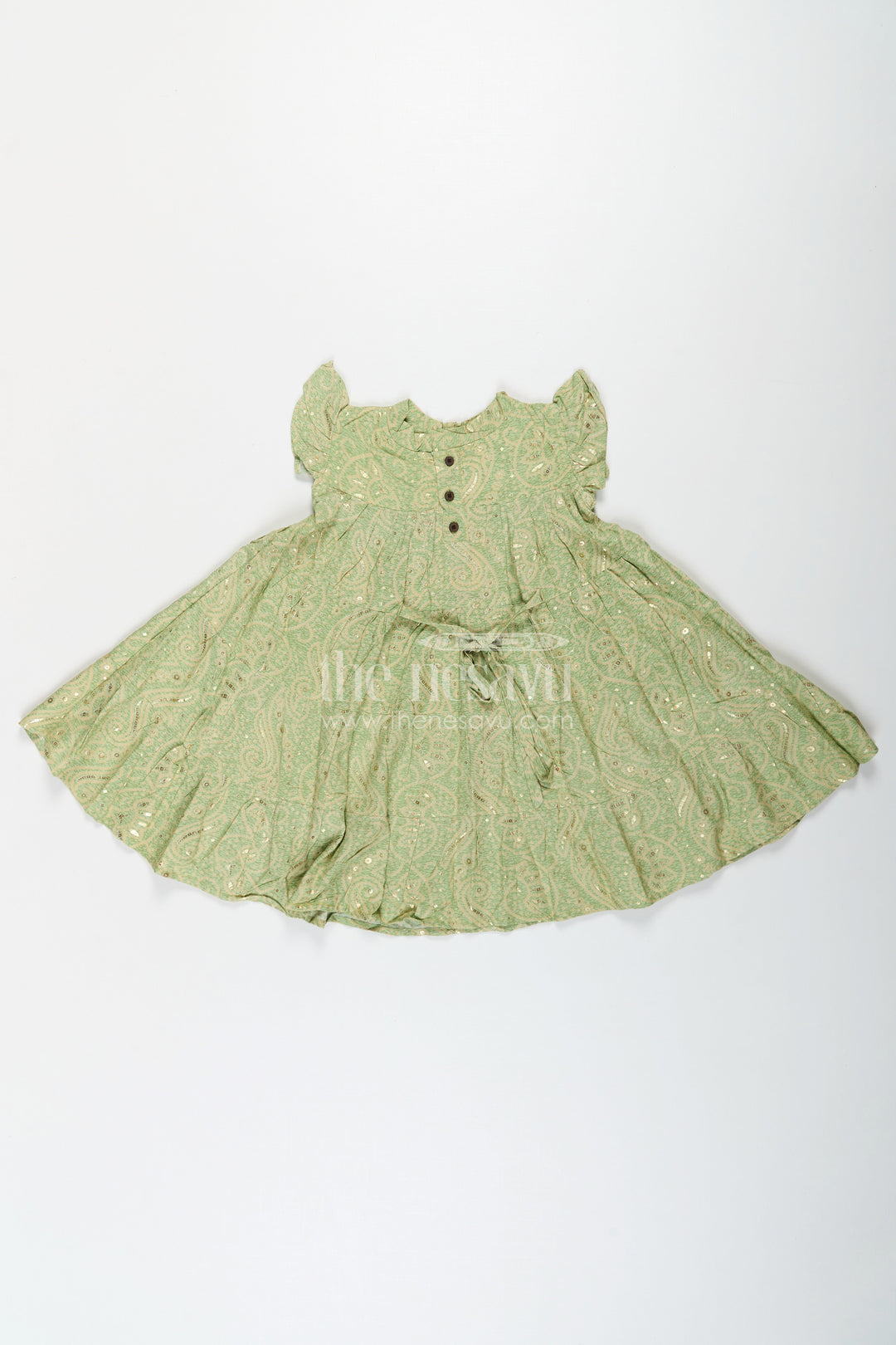 The Nesavu Girls Cotton Frock Summer Frock for Baby Girl in Rayon with Green Bandhani Print and Gold Foil Accents Nesavu Nesavu Summer Frock Baby Girl Green Bandhani Printed Rayon Foil Detailing