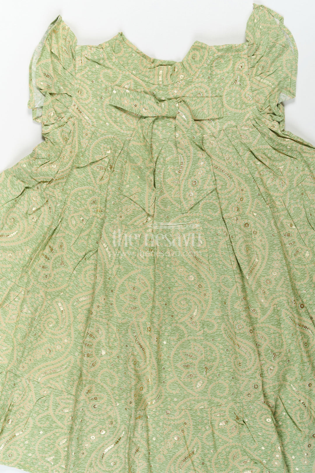 The Nesavu Girls Cotton Frock Summer Frock for Baby Girl in Rayon with Green Bandhani Print and Gold Foil Accents Nesavu Nesavu Summer Frock Baby Girl Green Bandhani Printed Rayon Foil Detailing
