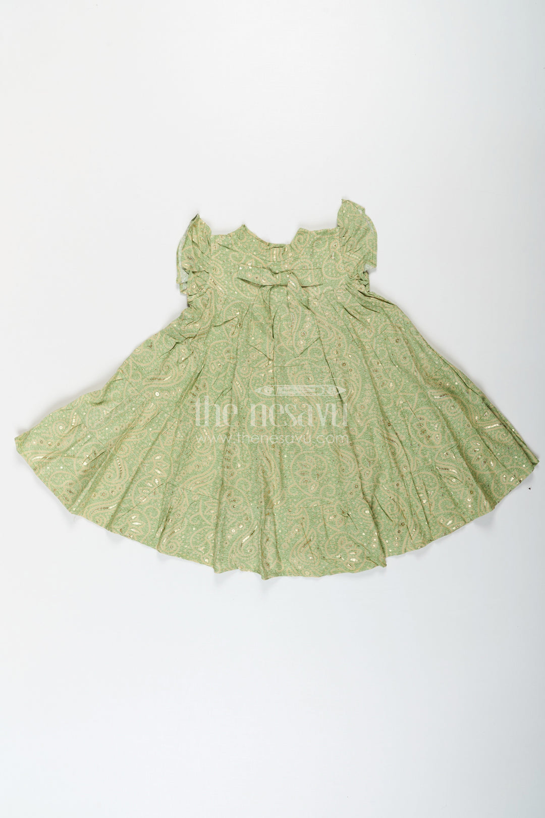 The Nesavu Girls Cotton Frock Summer Frock for Baby Girl in Rayon with Green Bandhani Print and Gold Foil Accents Nesavu Nesavu Summer Frock Baby Girl Green Bandhani Printed Rayon Foil Detailing