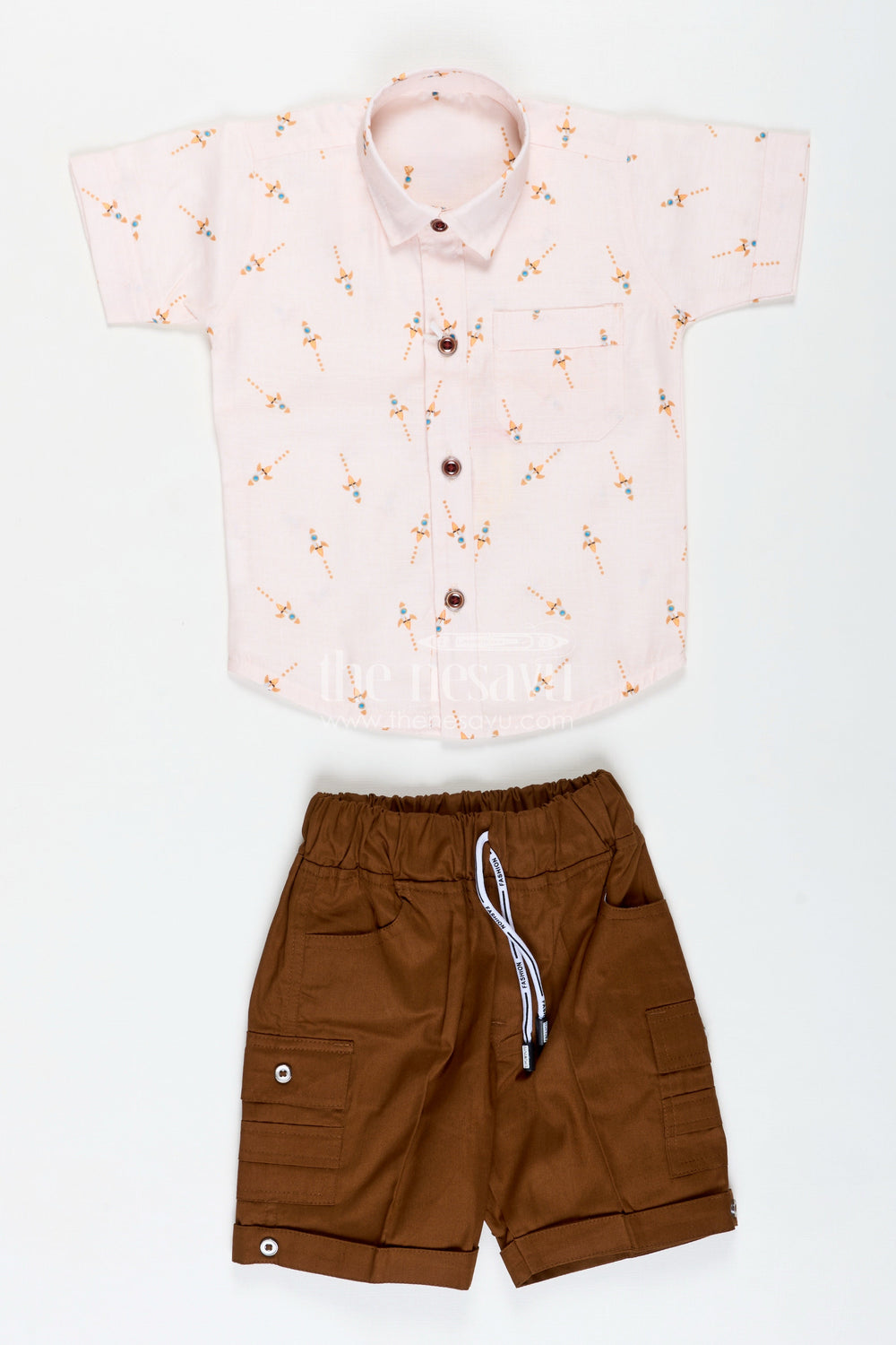 The Nesavu Boys Casual Set Summer Outfit for Toddler Boys with Shirt and Shorts Nesavu Nesavu Toddler Boys Cotton Summer Set Button Down Shirt Brown Shorts Casual Cool Wear