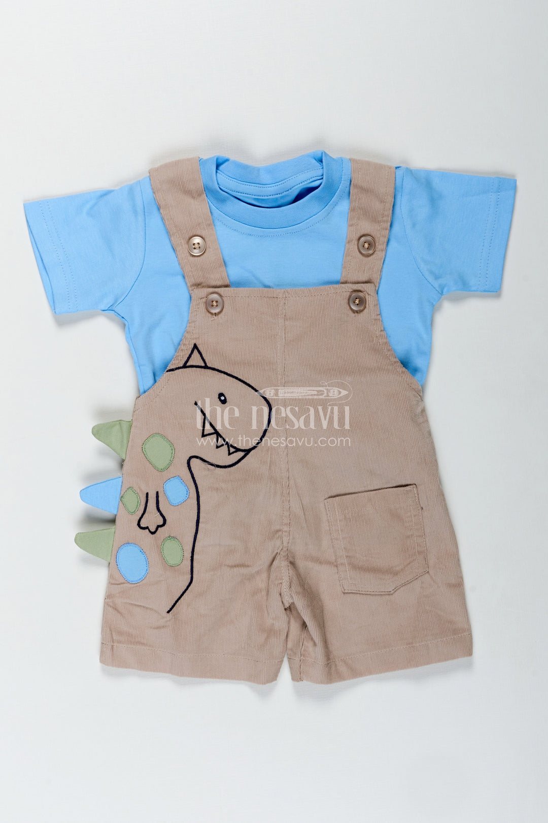 The Nesavu Boys Casual Set Summer Wear for Boys with Beige Corduroy Dinosaur Overalls and Soft Blue Cotton Tee Nesavu 12 (3M) / Blue BCS321B-12 Nesavu Summer Wear Boys Beige Dinosaur Corduroy Overalls Blue Cotton Tee