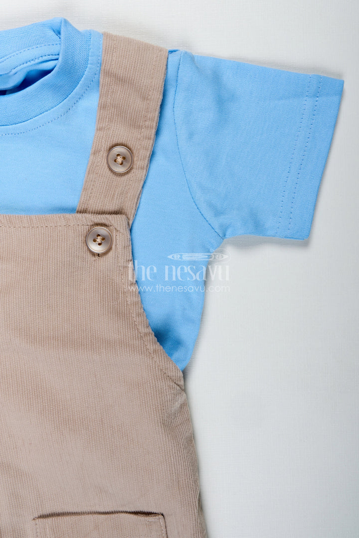 The Nesavu Boys Casual Set Summer Wear for Boys with Beige Corduroy Dinosaur Overalls and Soft Blue Cotton Tee Nesavu Nesavu Summer Wear Boys Beige Dinosaur Corduroy Overalls Blue Cotton Tee