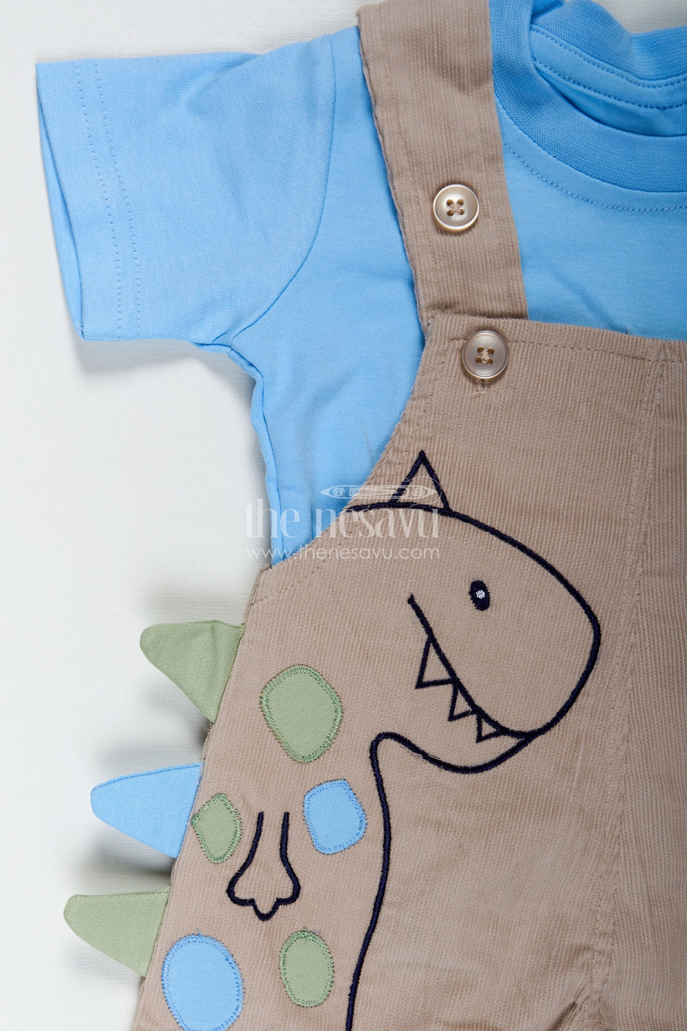 The Nesavu Boys Casual Set Summer Wear for Boys with Beige Corduroy Dinosaur Overalls and Soft Blue Cotton Tee Nesavu Nesavu Summer Wear Boys Beige Dinosaur Corduroy Overalls Blue Cotton Tee