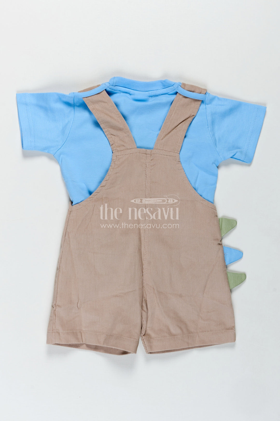 The Nesavu Boys Casual Set Summer Wear for Boys with Beige Corduroy Dinosaur Overalls and Soft Blue Cotton Tee Nesavu Nesavu Summer Wear Boys Beige Dinosaur Corduroy Overalls Blue Cotton Tee