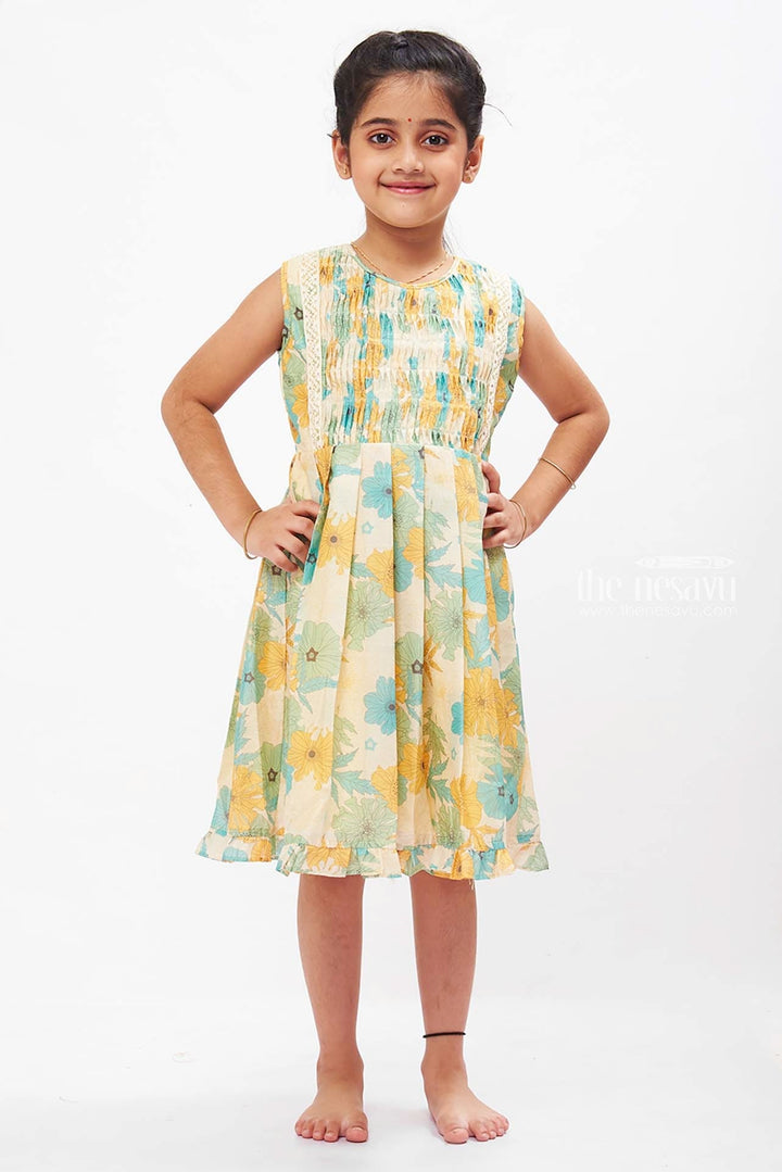 The Nesavu Girls Cotton Frock Sun-Kissed Floral Cotton Frock for Girls in Spring Hues Nesavu 16 (1Y) / Half white / Cotton GFC1256A-16 Girls Spring Floral Print Dress | Lightweight Summer Cotton Frock | The Nesavu