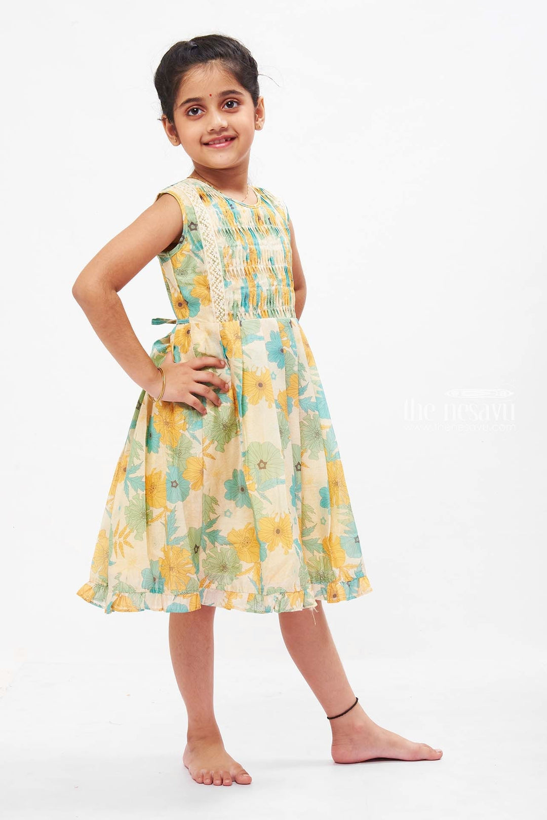 The Nesavu Girls Cotton Frock Sun-Kissed Floral Cotton Frock for Girls in Spring Hues Nesavu Girls Spring Floral Print Dress | Lightweight Summer Cotton Frock | The Nesavu