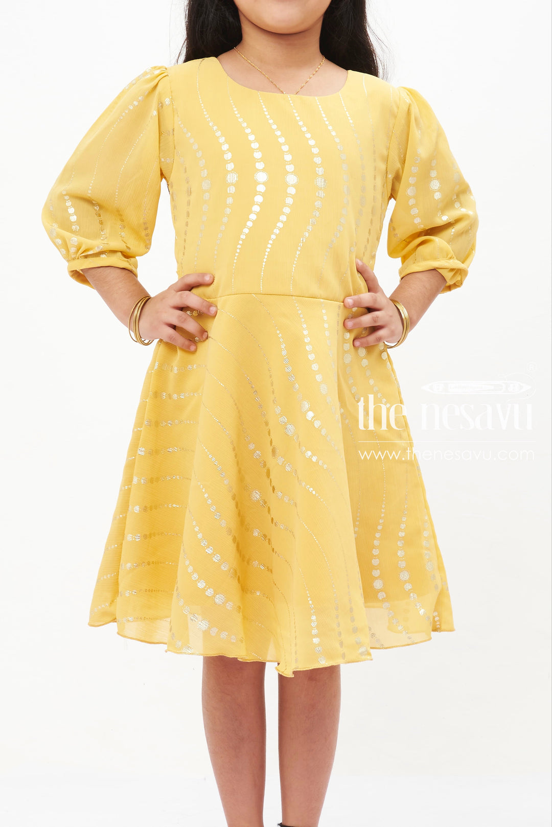 The Nesavu Girls Fancy Frock Sunbeam Sequin Dance Dress: Radiant Yellow with Dazzling Accents for Girls Nesavu Girls' Yellow Sequin Party Dress | Long Sleeve Sparkle Dress | The Nesavu