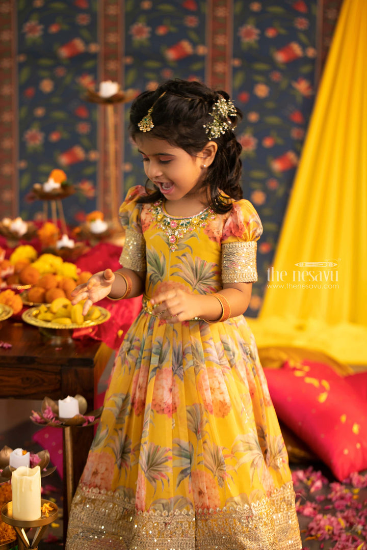 The Nesavu Girls Party Gown Sunflower Elegance: Aari Embroidered Floral Yellow Organza Anarkali Gown for Girls- Full Length Festive Wear Nesavu 18 (2Y) / Yellow / Organza Printed GA166A-18 Elegant Churidar Anarkali Online | Festive Wear Anarkali Gown | The Nesavu