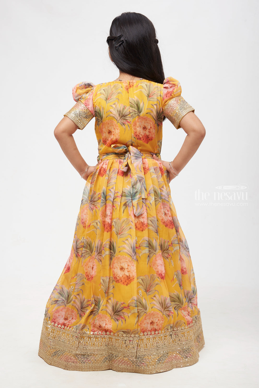 The Nesavu Girls Party Gown Sunflower Elegance: Aari Embroidered Floral Yellow Organza Anarkali Gown for Girls- Full Length Festive Wear Nesavu Elegant Churidar Anarkali Online | Festive Wear Anarkali Gown | The Nesavu