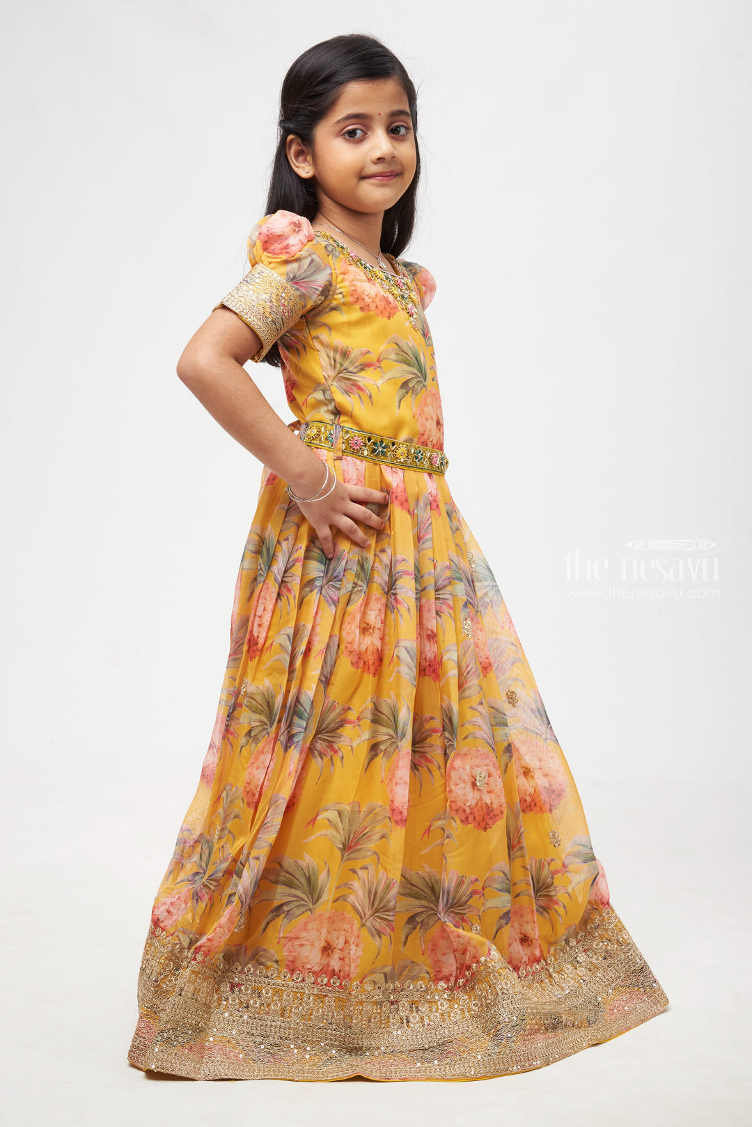 The Nesavu Girls Party Gown Sunflower Elegance: Aari Embroidered Floral Yellow Organza Anarkali Gown for Girls- Full Length Festive Wear Nesavu Elegant Churidar Anarkali Online | Festive Wear Anarkali Gown | The Nesavu