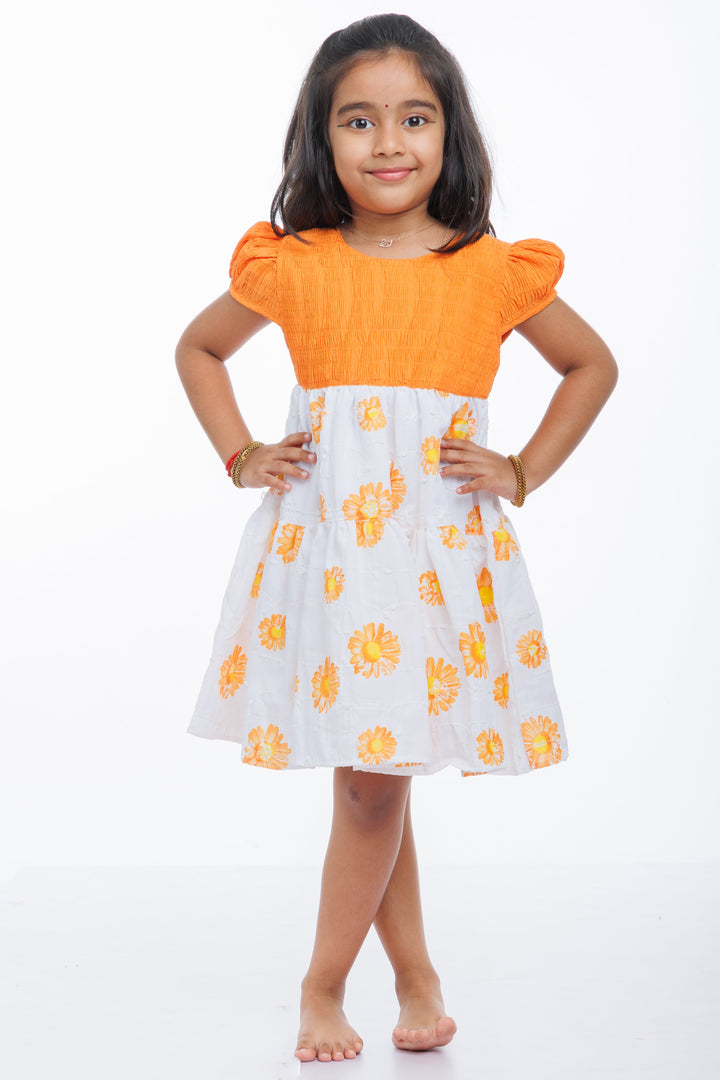 The Nesavu Girls Cotton Frock Sunkissed Delight Orange Cotton Frock with Floral Print for Girls Nesavu 20 (3Y) / Orange / Cotton GFC1273B-20 Girls Orange Floral Pure Cotton Summer Frock | Comfortable & Stylish | The Nesavu