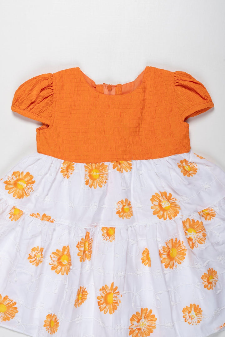 The Nesavu Girls Cotton Frock Sunkissed Delight Orange Cotton Frock with Floral Print for Girls Nesavu Girls Orange Floral Pure Cotton Summer Frock | Comfortable & Stylish | The Nesavu