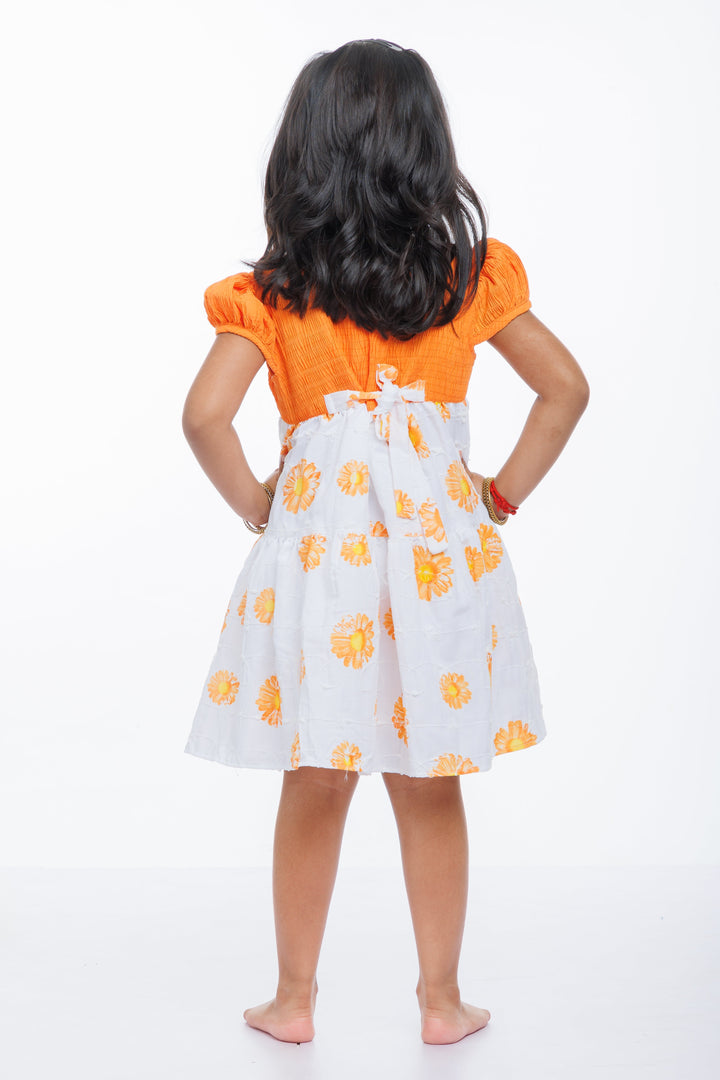 The Nesavu Girls Cotton Frock Sunkissed Delight Orange Cotton Frock with Floral Print for Girls Nesavu Girls Orange Floral Pure Cotton Summer Frock | Comfortable & Stylish | The Nesavu