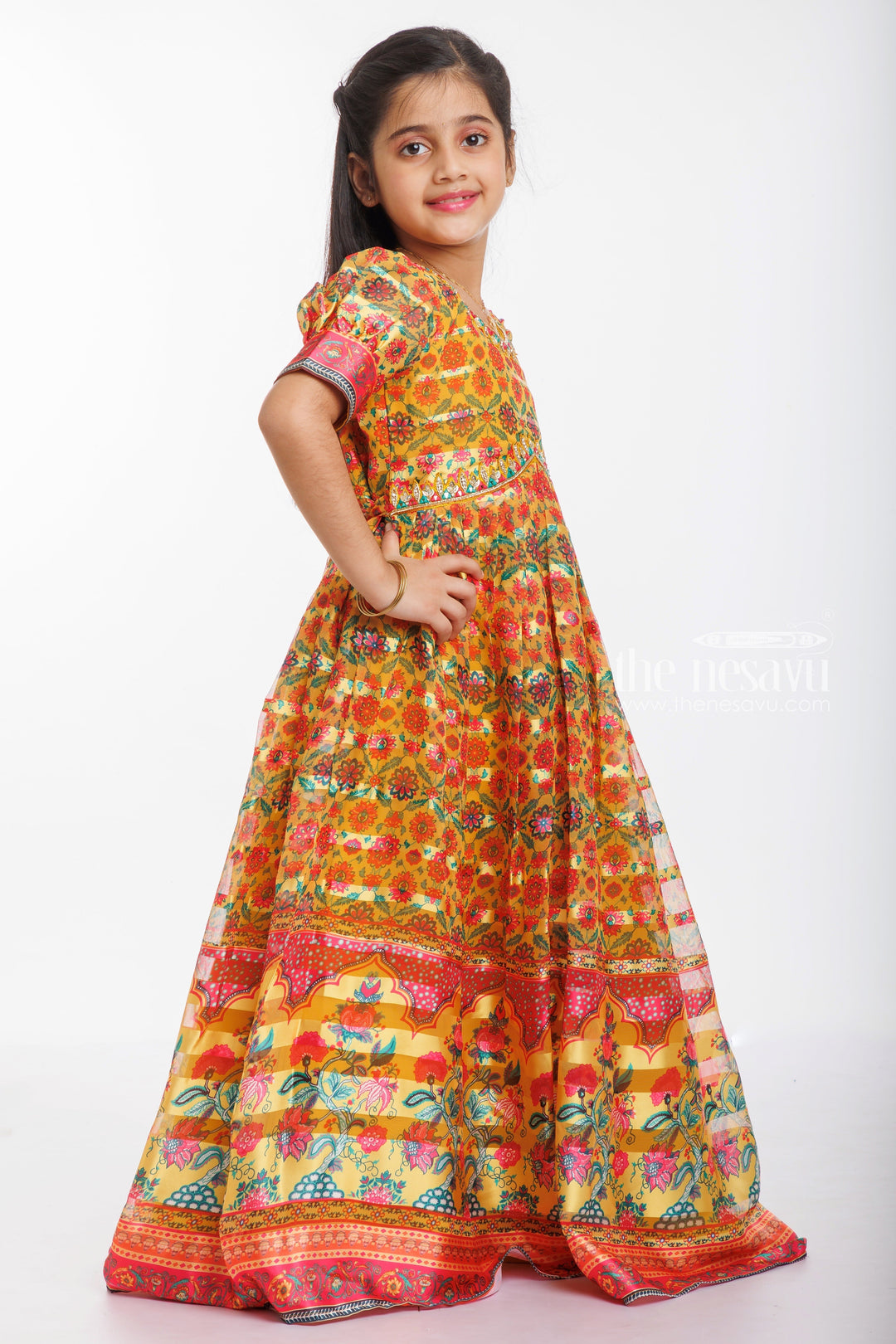 The Nesavu Girls Party Gown Sunkissed Meadow Aliacut Anarkali Gown for Girls Nesavu Girls Floral Aliacut Anarkali Gown | Vibrant Festive Wear for Kids | The Nesavu