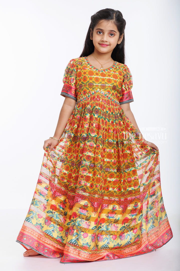 The Nesavu Girls Party Gown Sunkissed Meadow Aliacut Anarkali Gown for Girls Nesavu Girls Floral Aliacut Anarkali Gown | Vibrant Festive Wear for Kids | The Nesavu