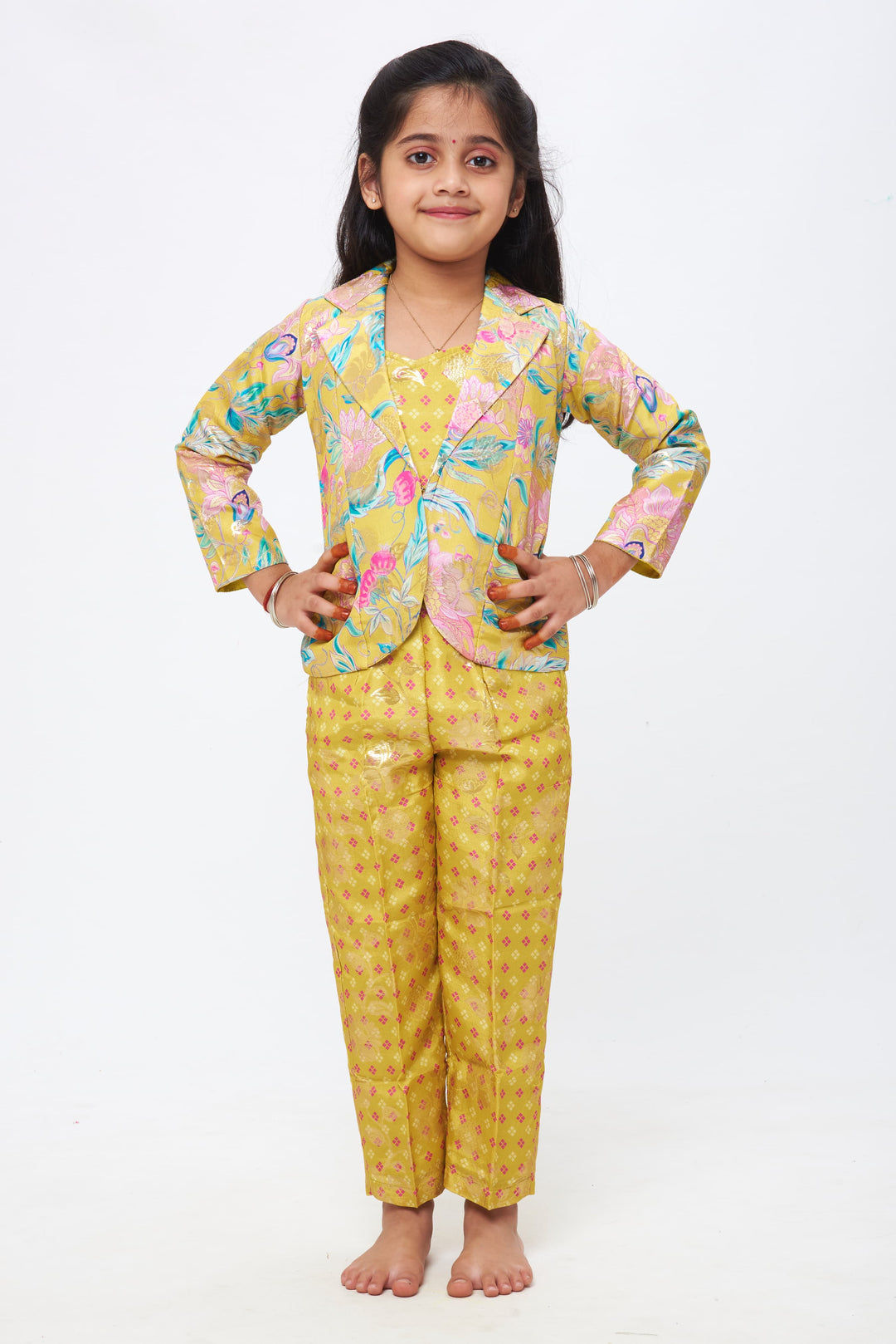 The Nesavu Girls Sharara / Plazo Set Sunlit Days: Girls Pastel Floral Crop Top with Yellow Patterned Pant and Blazer Set Nesavu 24 (5Y) / Yellow / Silk GPS230A-24 Girls Floral Crop Top, Patterned Pant, and Blazer Set | Elegant Pastels Meet Youthful Charm | The Nesavu