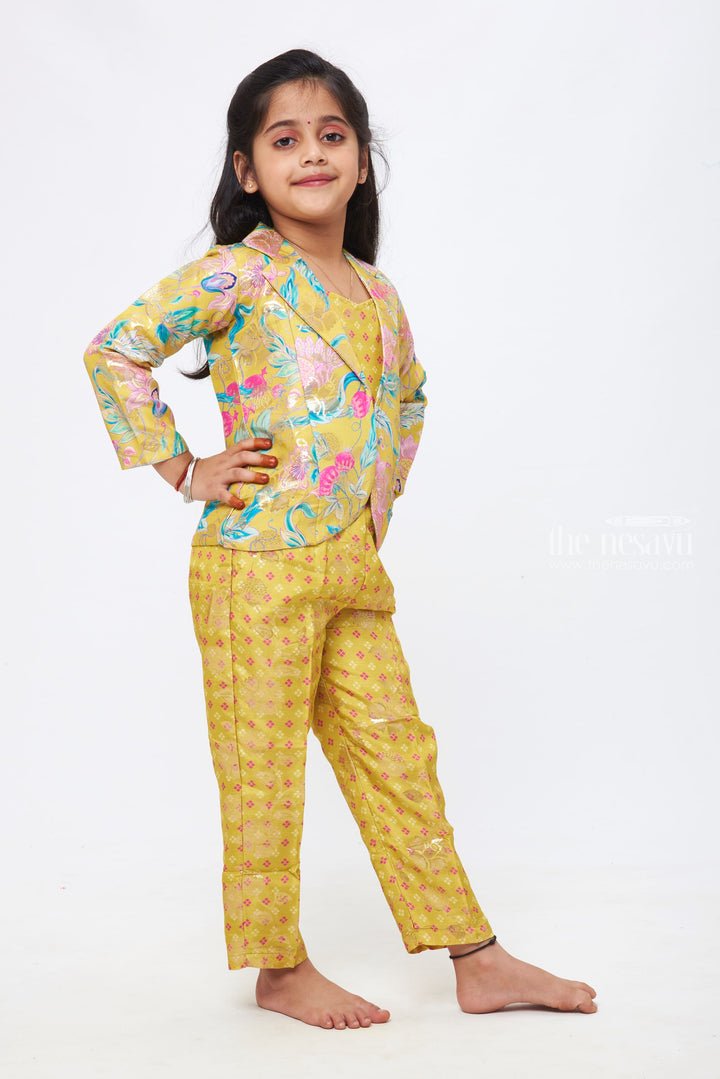 The Nesavu Girls Sharara / Plazo Set Sunlit Days: Girls Pastel Floral Crop Top with Yellow Patterned Pant and Blazer Set Nesavu Girls Floral Crop Top, Patterned Pant, and Blazer Set | Elegant Pastels Meet Youthful Charm | The Nesavu