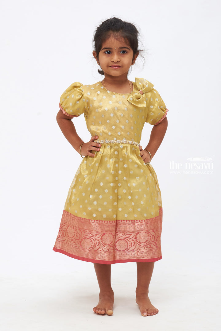 The Nesavu Silk Frock Sunlit Elegance: Yellow Silk Frock with Banarasi Designer Sparkling Stone Detail Nesavu 14 (6M) / Yellow / Silk SF725A-14 Sunlit Elegance Yellow Silk Frock | Traditional Kids' Wear with Sparkling Stone Detail | The Nesavu