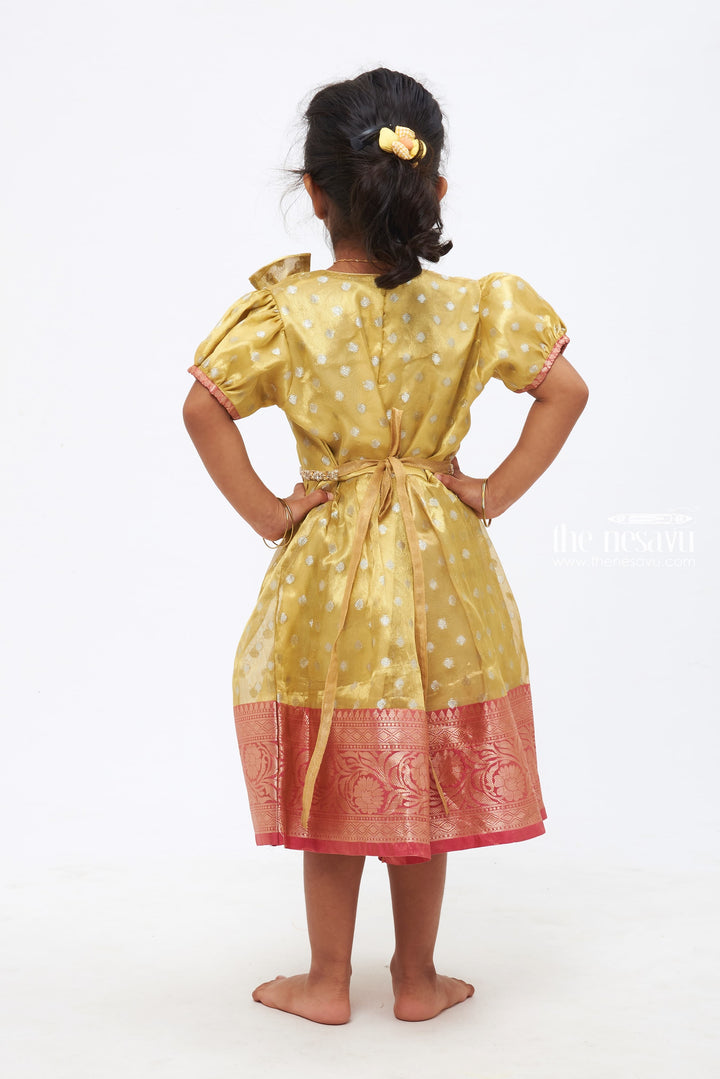 The Nesavu Silk Frock Sunlit Elegance: Yellow Silk Frock with Banarasi Designer Sparkling Stone Detail Nesavu Sunlit Elegance Yellow Silk Frock | Traditional Kids' Wear with Sparkling Stone Detail | The Nesavu