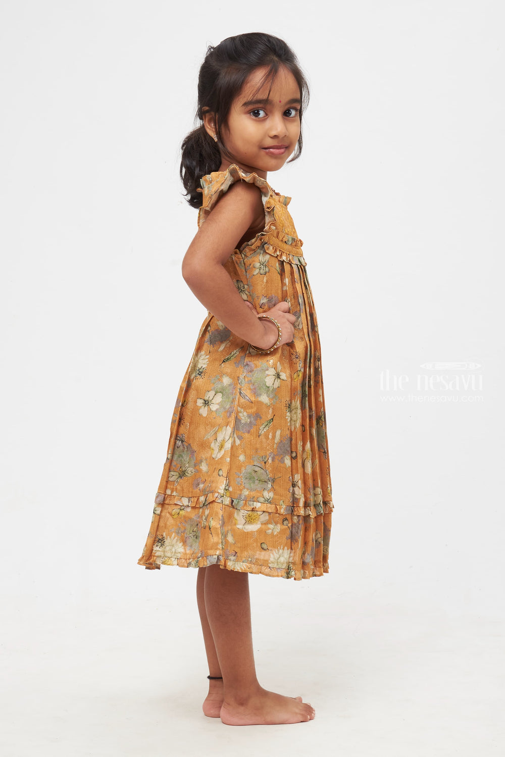 The Nesavu Girls Cotton Frock Sunlit Garden Elegance : Charming Floral-Printed Yellow Frock for Girls Nesavu Exquisite Floral-Printed Yellow Frock for Girls | The Nesavu