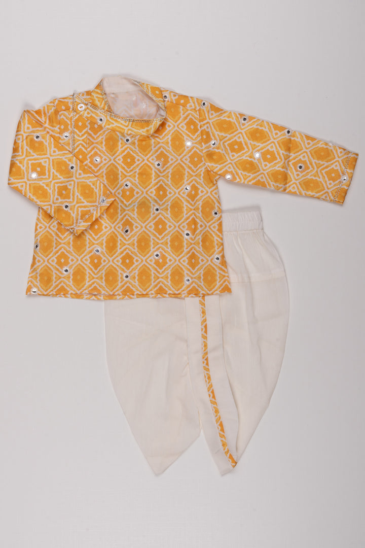 The Nesavu Boys Dothi Set Sunlit Gold: Mirror-Embroidered Geometric Printed Yellow Kurta & Panjagacham Set for Boys Nesavu 12 (3M) / Yellow / Silk Blend BES399B-12 Boys Festive Kurta Dhoti Sets | Exclusive Indian Festive Wear | The Nesavu