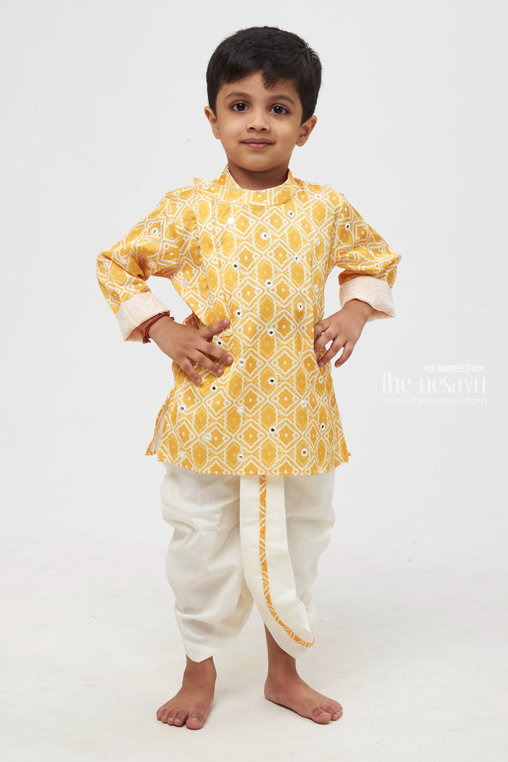The Nesavu Boys Dothi Set Sunlit Gold: Mirror-Embroidered Geometric Printed Yellow Kurta & Panjagacham Set for Boys Nesavu 12 (3M) / Yellow / Silk Blend BES399B-12 Boys Festive Kurta Dhoti Sets | Exclusive Indian Festive Wear | The Nesavu