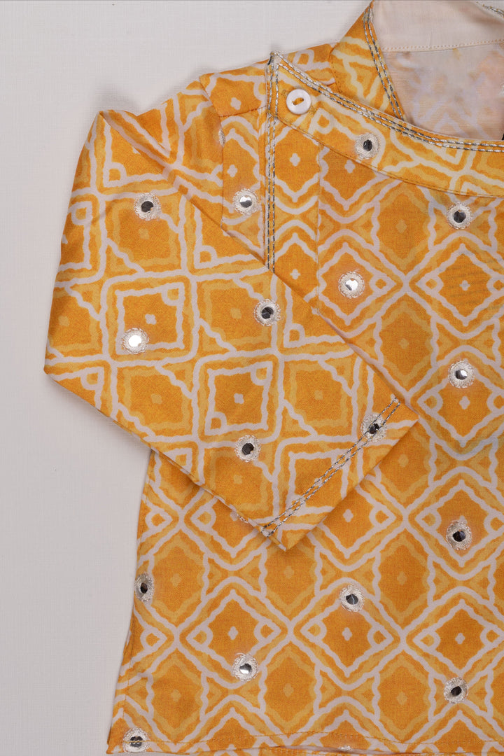 The Nesavu Boys Dothi Set Sunlit Gold: Mirror-Embroidered Geometric Printed Yellow Kurta & Panjagacham Set for Boys Nesavu Boys Festive Kurta Dhoti Sets | Exclusive Indian Festive Wear | The Nesavu