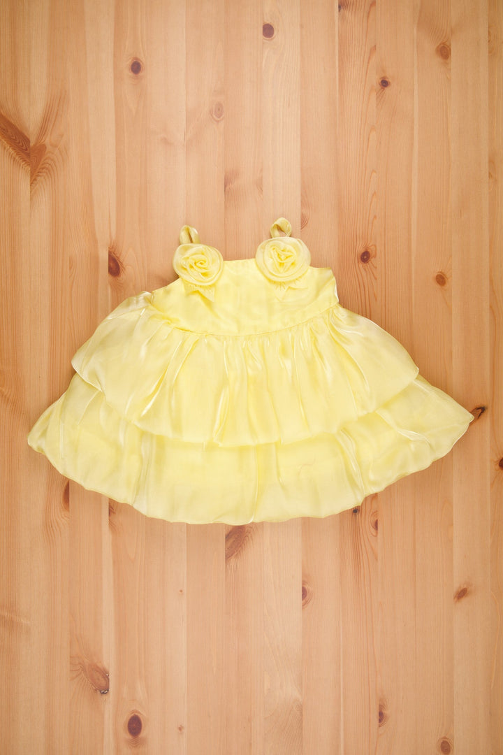 The Nesavu Girls Fancy Party Frock Sunlit Lemon Frock Monotone Color with Rose Details - Enchanting Dress for Little Princesses Nesavu 14 (6M) / Yellow / Organza Tissue PF131A-14 Designer Wear Frock For Birthday | Fancy Dress For 3 Years Birthday | The Nesavu