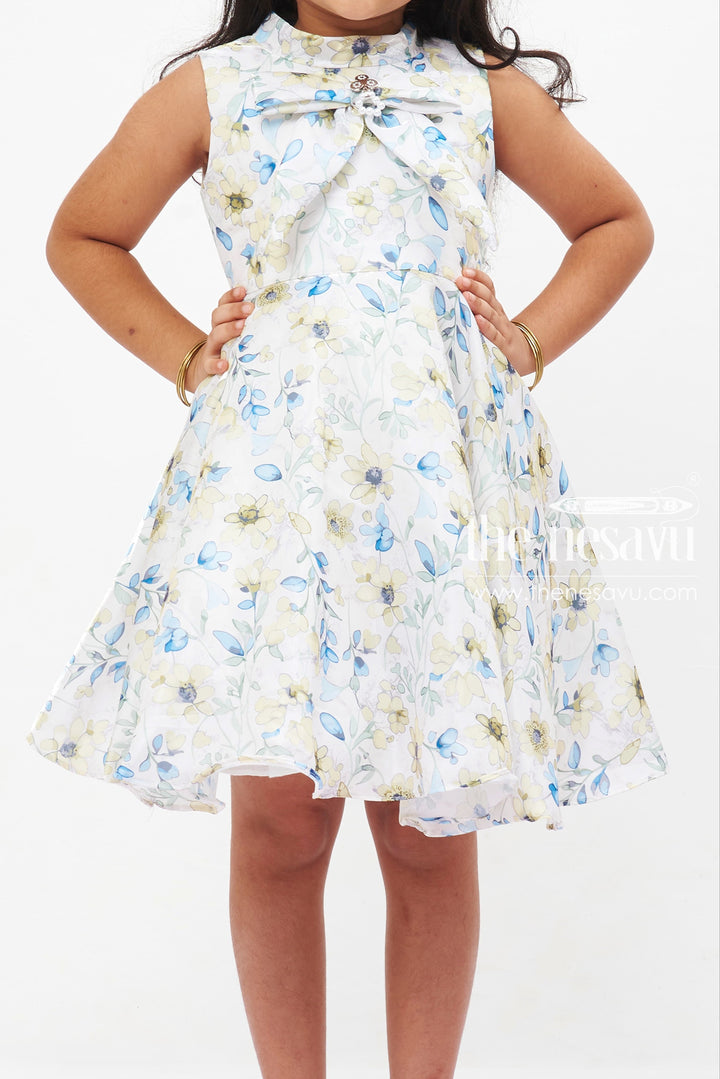 The Nesavu Girls Fancy Frock Sunny Blossom Delight: Girls' Cream Floral Dress with Sparkling Collar Detail Nesavu Girls Cream Floral Sleeveless Dress | Sparkling Collar | Joyful Day Wear | The Nesavu