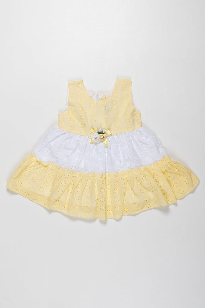 The Nesavu Baby Cotton Frocks Sunny Daisy Eyelet Cotton Frock for Baby Girls Nesavu 14 (6M) / Yellow / Cotton BFJ517C-14 Infant Yellow Summer Eyelet Frock | Breathable Cotton Wear for Baby Girls | The Nesavu