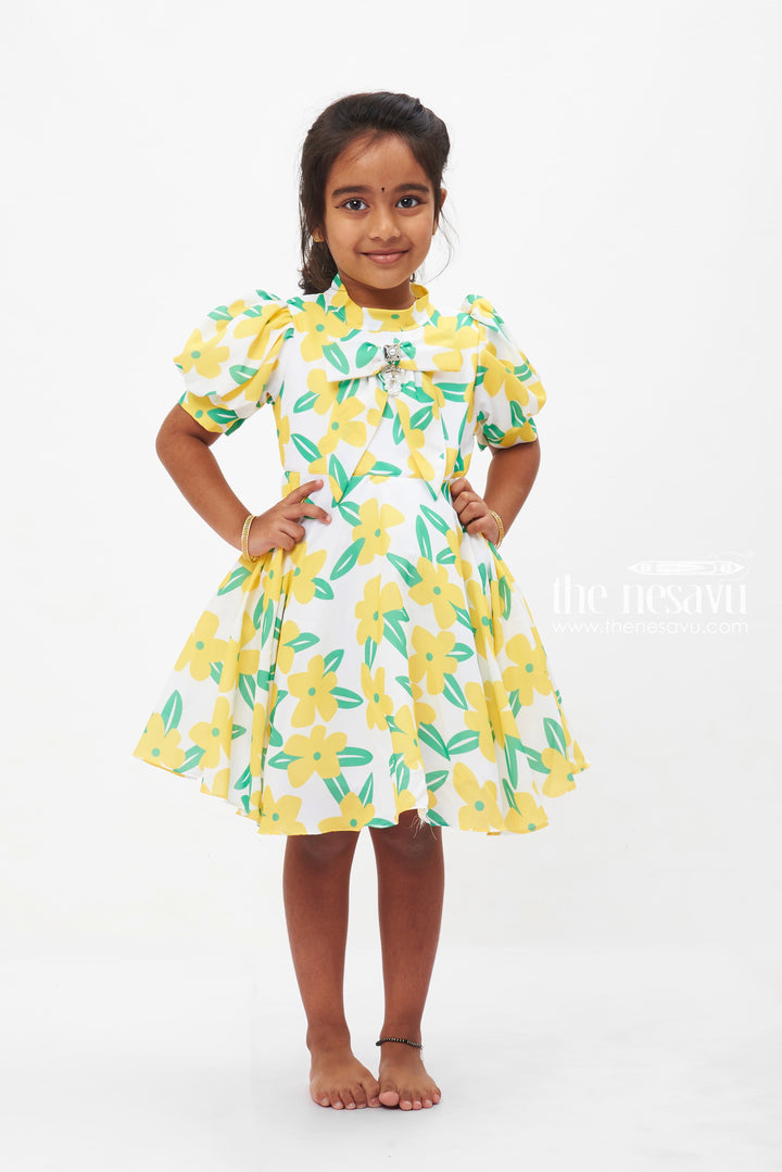 The Nesavu Girls Fancy Frock Sunny Daisy Print with Sparkling Accent Frock for Girls Nesavu 16 (1Y) / Yellow GFC1186A-16 Girls Daisy Floral Print Dress | Cheerful Summer Frock for Girls | The Nesavu
