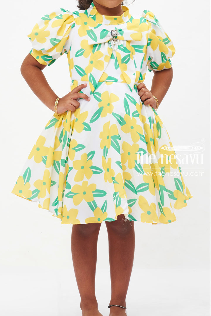 The Nesavu Girls Fancy Frock Sunny Daisy Print with Sparkling Accent Frock for Girls Nesavu Girls Daisy Floral Print Dress | Cheerful Summer Frock for Girls | The Nesavu