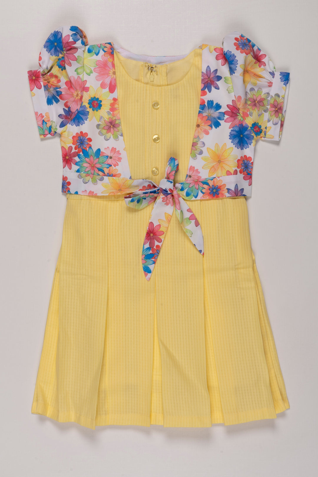 The Nesavu Girls Cotton Frock Sunny Delight Yellow Cotton Frock with Floral Jacket for Girls Nesavu 22 (4Y) / Yellow / Cotton GFC1259B-22 Girls Yellow Dress with Colorful Floral Jacket | Cheerful Summer Wear | The Nesavu